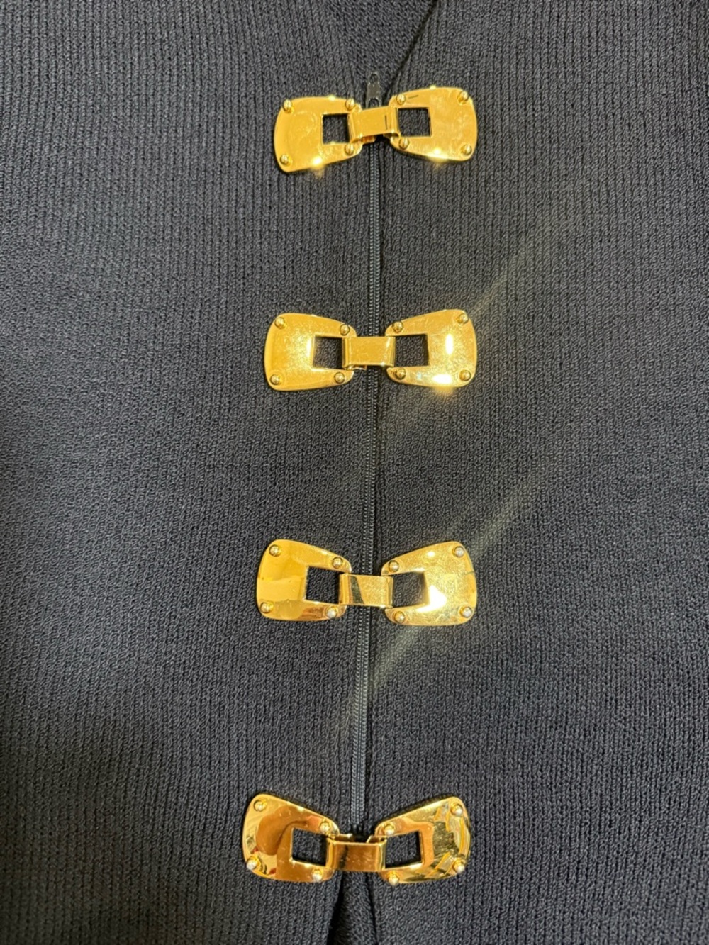 St. John Black Knit Blazer with Zipper Front and Gold Tone Hook and Eye Closures - Picture 5 of 9